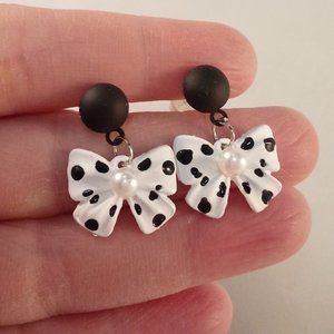 925 Silver Polka Dot White Black Bow Knot Pearl Dangle Stud Earrings Party Gift